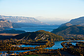 France, Ain, Culoz, Rhone River from grand colombier mountain, in the background the Bourget lake