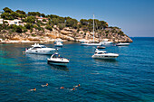 Menschen schwimmen in der Bucht Cala Portals Vells mit vor Anker liegenden Yachten und Segelboote, Portals Vells, Mallorca, Balearen, Spanien