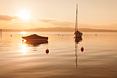 Sailing boat at sunset, Lake Constance, near Konstanz, Baden-Wurttemberg, Germany, Europe