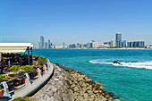 View from the Breakwater to the city skyline across the Gulf, Abu Dhabi, United Arab Emirates, Middle East