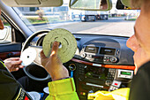 German Autobahn police, tachograf, control of trucks, patrol, motorway, freeway, speed, speed limit, traffic, infrastructure, Hanover, Germany