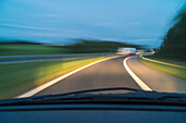 German Autobahn, A 7, driving, motion, blurred, windscreen, front view, motorway, highway, freeway, speed, speed limit, light traffic, infrastructure, Germany