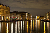 Fabr nuove (left) and Pescaria (adjacent) on the Grand Canal at night, Venice, Italy
