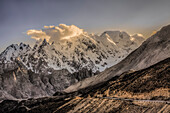 Mountains in the Karakoram Range of northern Pakistan at sunset.