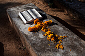 A cross made of marigold flower petals decorates a grave during the Day of the Dead celebrations in Santa Ana Zegache cemetery in Oaxaca, Mexico, October 31,  2013. The Day of the Dead celebration is a tradition that honors the deceased.
