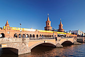 Oberbaum Bridge between Kreuzberg and Friedrichshain, Metro Line 1, Spree River, Berlin, Germany, Europe