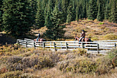Cowboys and horses on bridge, Ya, Ha, Tinda Ranch, Clearwater County, Alberta, Canada