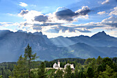 view on Heiligkreuz over Petratsches, Val Badia, Dolomite Alps, South Tyrol, Italy