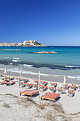 View from beach to citadel of Calvi, Corsica, Southern France, France, Southern Europe