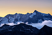 Mood of clouds at Dreiherrenspitze, from Zillerplattenspitze, Reichenspitze group, Zillertal Alps, Tyrol, Austria