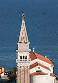 Aerial view of tower in Piran cityscape, Adriatic Sea, Slovenia