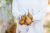 Caucasian woman holding pears