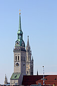 View from the roof terrace of Hotel Deutsche Eiche to the steeples of Alter Peter and Neues Rathaus, Munich, Bavaria, Germany