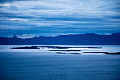 Overhead of islands in Beagle Channel seen from Arakur Ushuaia Resort and Spa at dusk Ushuaia, Tierra del Fuego, Patagonia, Argentina