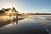 Whangapoua Beach, Sandstrand, Sonnenuntergang, Gegenlicht, Brandung, Ebbe, Silhouette, junge Frau wandert am Strand, Coromandel, Nordinsel, Neuseeland