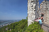 Blick von der Ruine der Burg Drachenfels oberhalb Königswinter auf den Rhein, Mittelrheintal, Nordrhein-Westfalen, Deutschland, Europa