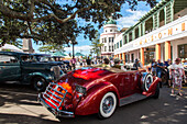 Art Deco Festival, vintage cars parked in front of Masonic Hotel Napier, Hawke's Bay, North Island, New Zealand