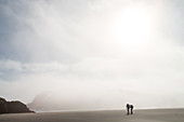 Nebel am Wharariki Beach, Gegenlicht, weiter Strand, Sonne überstrahlt, Wanderer mit Rucksack als Silhouette, Südinsel, Neuseeland