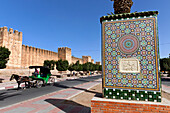 Old city wall and ramparts and ceramic welcoming sign, Taroudant, Morocco