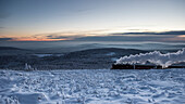 Sunset and Brocken Railway, Winter landscape, Schierke, Brocken, Harz national park, Saxony, Germany