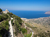 San Giovanni Church and view of coastline from Town Walls, Erice, Sicily, Italy, Mediterranean, Europe