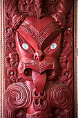 Wooden carving at a Maori Meeting House, Waitangi Treaty Grounds, Bay of Islands, Northland Region, North Island, New Zealand, Pacific