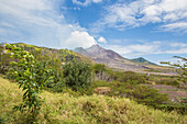 View of the haze around the peak of Soufriere Hills volcano, Montserrat, Leeward Islands, Lesser Antilles, West Indies, Caribbean, Central America