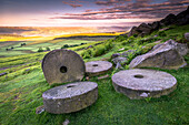 Stanage Edge millstones at sunrise, Peak District National Park, Derbyshire, England, United Kingdom, Europe
