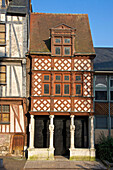 Half timbered colored Pavillon des Vertus, Virtues Pavilion, 16th c., Stone columns with women statues,old town, Rouen, 76, Normandy, France old town, Rouen, 76, Normandy, France
