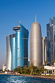 Qatar, Doha, Doha Bay, West Bay skyscrapers with World Trade Center and Burj Qatar.