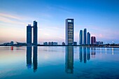UAE, Abu Dhabi, skyline, Nations Towers, ADNOC Tower, Etihad Towers, dawn.