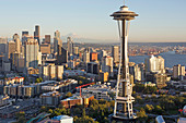Space Needle skyline aerial, Seattle, WA with Mt. Rainier, USA.
