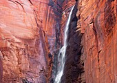 A seasonal waterfall flows from the top of Zion Canyon at Zion National Park, Utah.