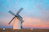 Windmill at dusk. Campo de Criptana, Ciudad Real province, Castilla La Mancha, Spain.