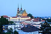 Brno overview with illuminated cathedral. Czech Republic.