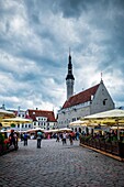 Tallinn, Estonia, Europe. Town Hall Square with a little market.