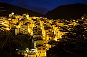 Scanno, Abruzzo, Italy, Europe. A night view of medieval Scanno village.