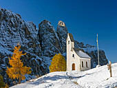 The chapel at Groedner Joch - Passo Gardena in the Dolomites of South Tyrol - Alto Adige. The Dolomites are listed as UNESCO World heritage. europe, central europe, italy, october.