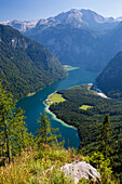 Königssee, St. Bartholomä, seen from Achenkanzel, Berchtesgaden National Park, Berchtesgadener Land, Bavaria, Germany, Europe