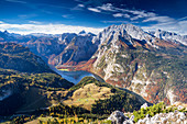 Königssee, St. Bartholomä, Watzmann, Blick vom Jenner, Nationalpark Berchtesgaden, Berchtesgadener Land, Bayern, Deutschland, Europa