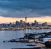 Devonport, Skytower at night, Auckland, North Island, New Zealand, Oceania