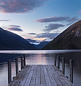 Kerr Bay and wooden jetty at dusk, Lake Rotoiti, Nelson Lakes National Park, South Island, New Zealand, Oceania