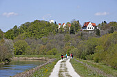Unpaved path along river Isar, view of castle Grünwald, Munich, Upper Bavaria, Bavaria, Germany
