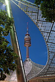 Rooftop of Olympic hall and the Olympic radio tower, Olympic park, Munich, Upper Bavaria, Bavaria, Germany