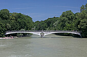 Isar and Kabelsteg bridge, Haidhausen, Munich, Upper Bavaria, Bavaria, Germany