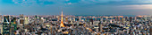 Tokyo Skyline seen from Roppongi Hills with Skytree, Tokyo Tower and Bay and Rainbow Bridge during blue hour, Minato-ku, Tokyo, Japan