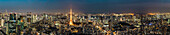 Tokyo Skyline seen from Roppongi Hills with Skytree, Tokyo Tower and Bay during blue hour, Minato-ku, Tokyo, Japan
