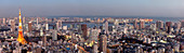 Tokyo Skyline seen from Roppongi Hills with Tokyo Tower and Bay during blue hour, Minato-ku, Tokyo, Japan