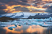 Sunset, Joekulsarlon, Glacier, Bay, Mountains, Iceland, Europe