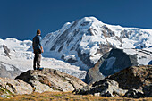 A mountaineer, Lyskamm, Gorner glacier, Gornergrat, Valais, Switzerland